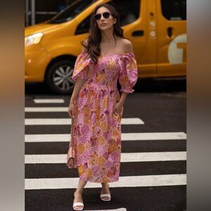 NEW Jessie Zhao Mountain Imagination Smocked Midi Dress Size XS